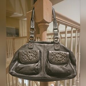 Mila Paoli Gray Leather Studded Shoulder Bag